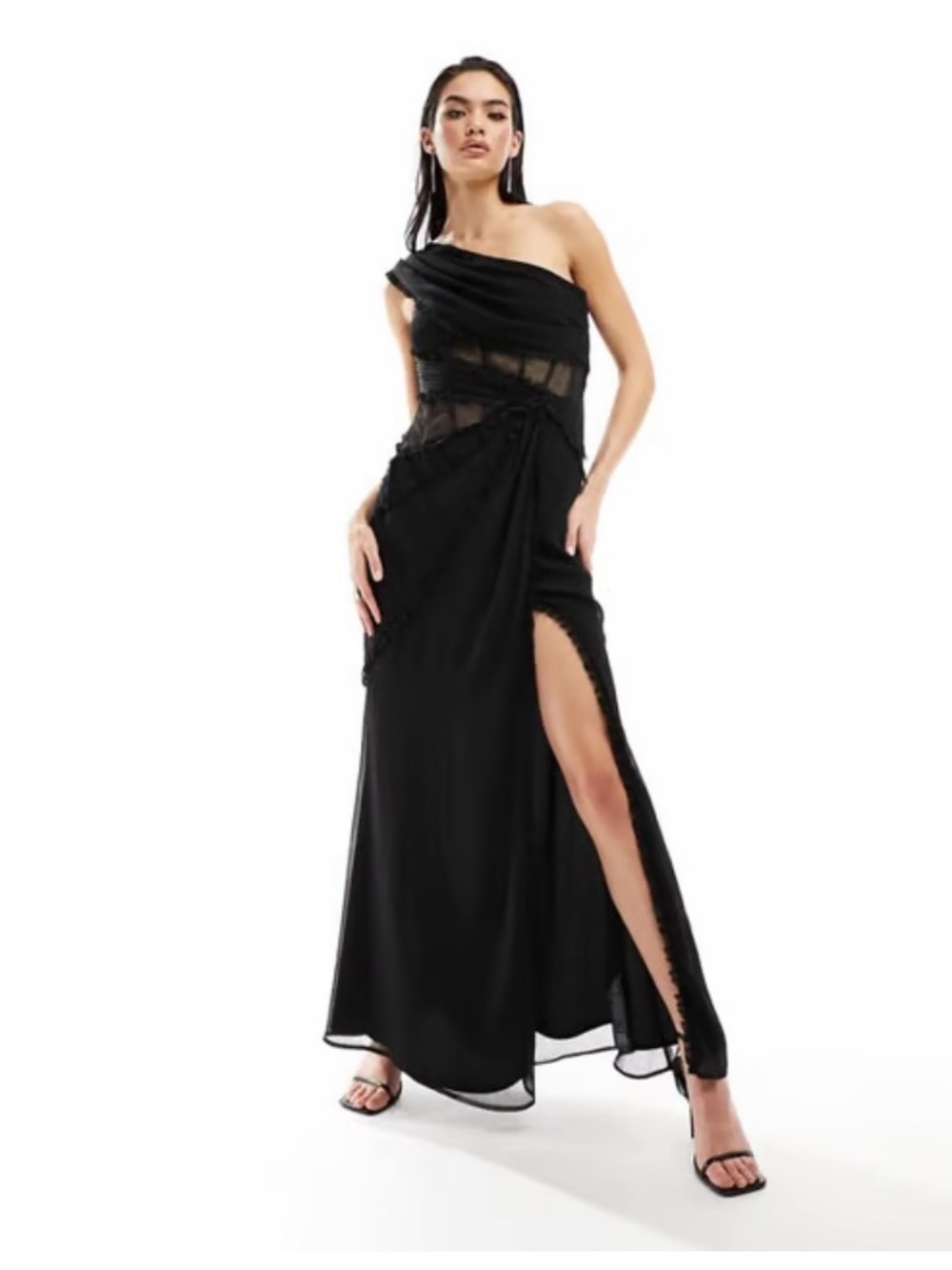 Black One-Shoulder Dress with Sheer waist
